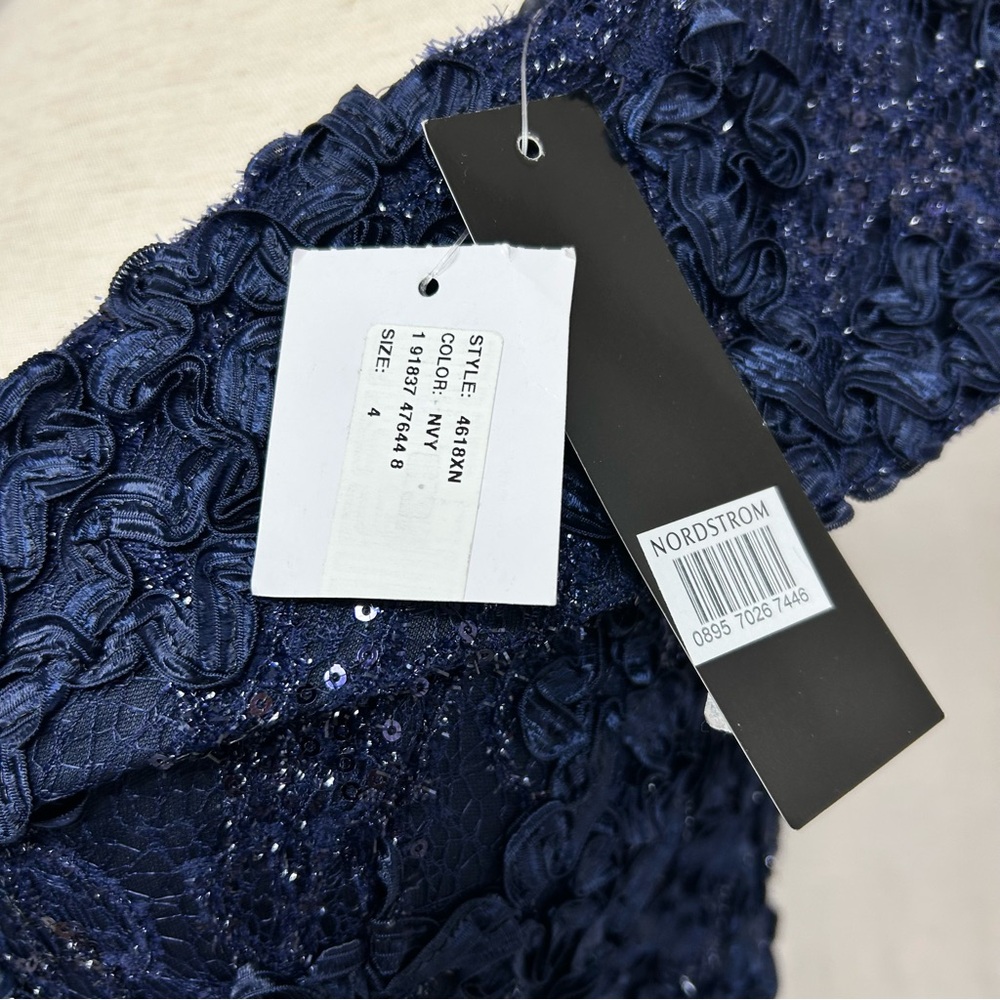 Xscape Navy Blue Rosette Sequin Lace Mermaid Off Shoulder Prom Gown Size 4 - Picture 8 of 10